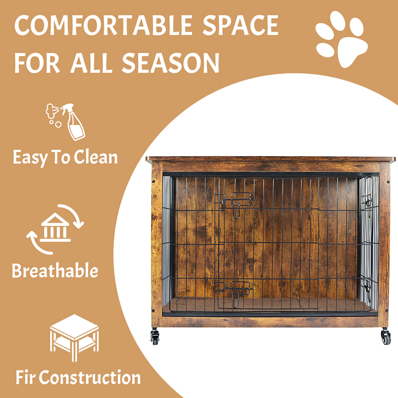 Gaiola de cão de estilo de madeira interna com almofada e rodas Gaiola de cão de estilo de madeira interna com almofada e rodas