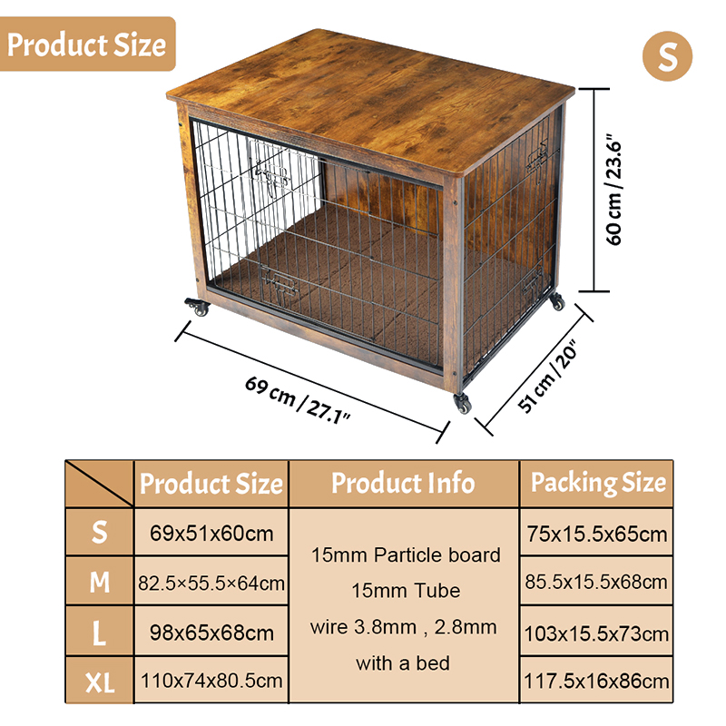 Gaiola de cão de estilo de madeira interna com almofada e rodas Gaiola de cão de estilo de madeira interna com almofada e rodas