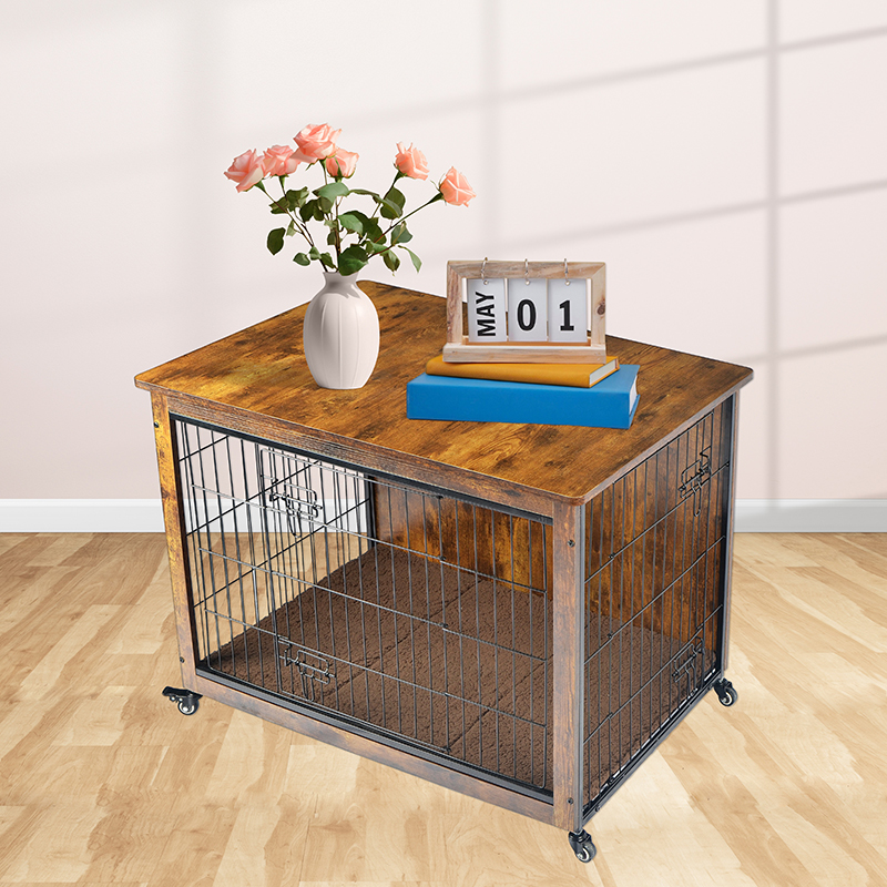 Gaiola de cão de estilo de madeira interna com almofada e rodas Gaiola de cão de estilo de madeira interna com almofada e rodas