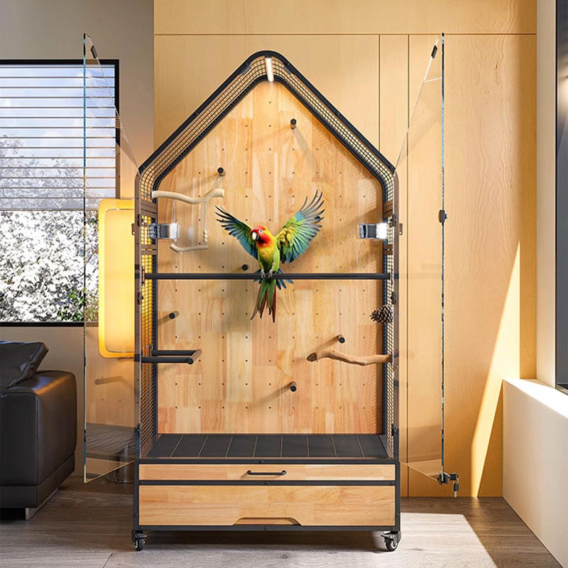 Gaiola de madeira e aço grande removível Diy Villa Parrot Pássaro Capinhas de criação de pássaros com rodas de suporte Gaiola de madeira e aço grande removível Diy Villa Parrot Pássaro Capinhas de criação de pássaros com rodas de suporte