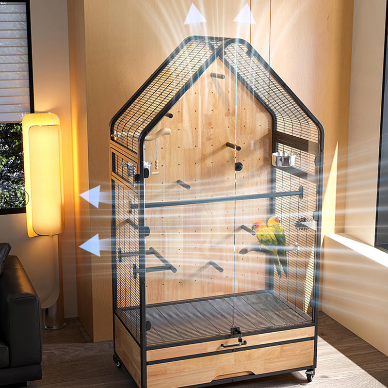 Gaiola de madeira e aço grande removível Diy Villa Parrot Pássaro Capinhas de criação de pássaros com rodas de suporte Gaiola de madeira e aço grande removível Diy Villa Parrot Pássaro Capinhas de criação de pássaros com rodas de suporte