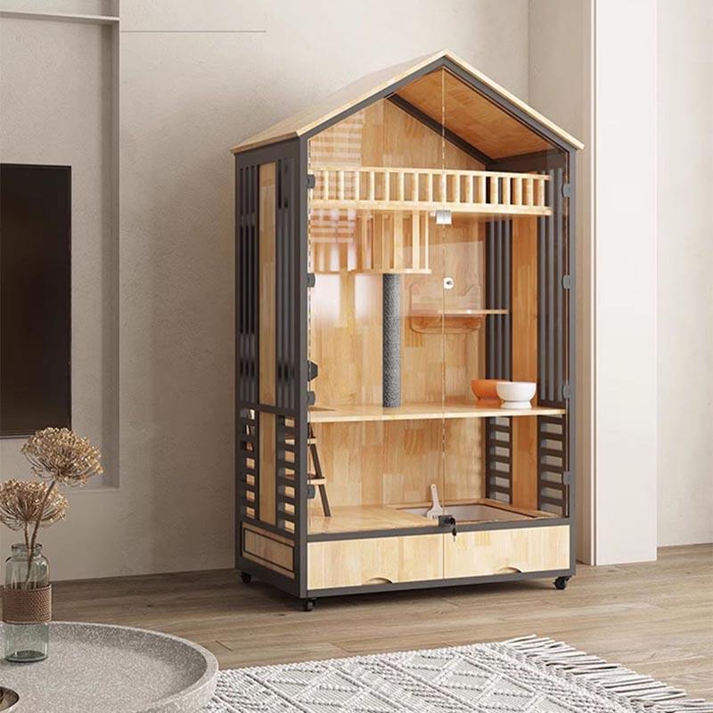 Torre de gato interna de gaiola de gaiolas de madeira de várias camadas Torre de gato interna de gaiola de gaiolas de madeira de várias camadas