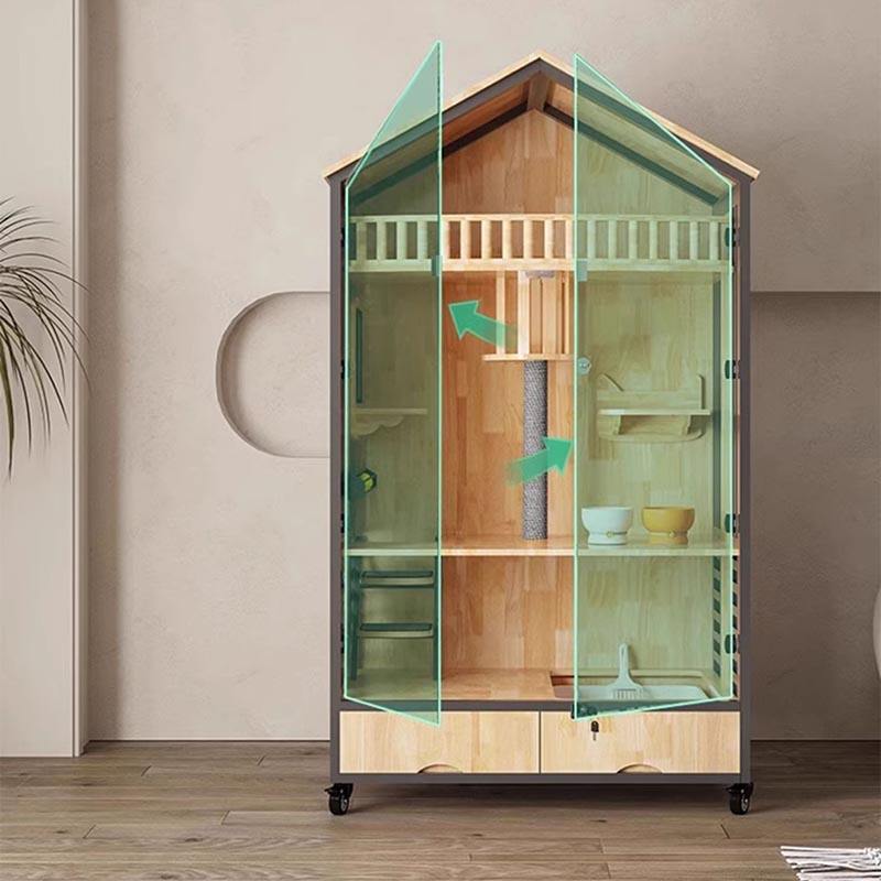 Torre de gato interna de gaiola de gaiolas de madeira de várias camadas Torre de gato interna de gaiola de gaiolas de madeira de várias camadas