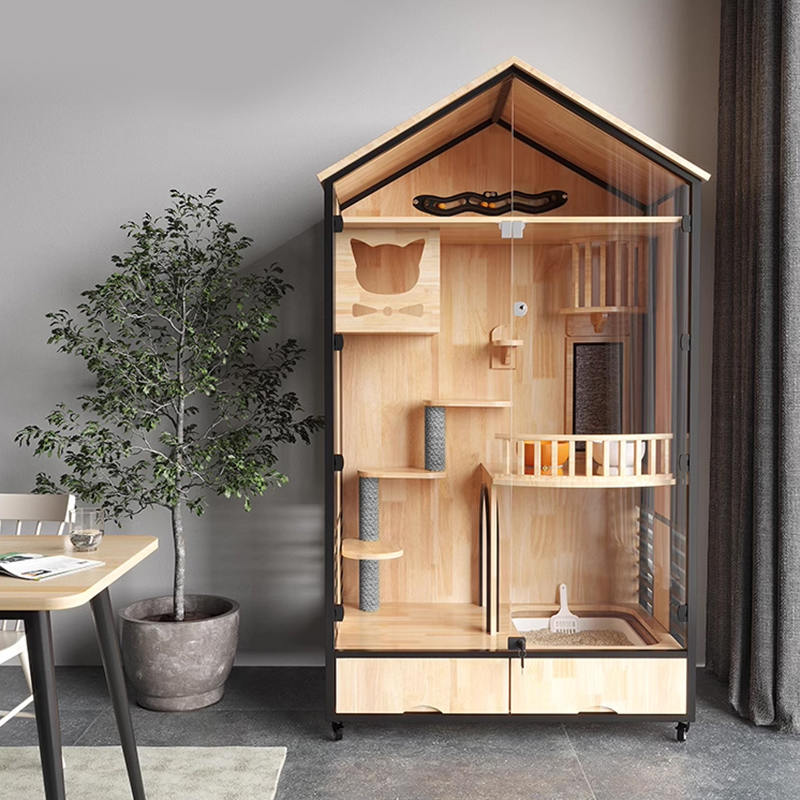 Torre de gato interna de gaiola de gaiolas de madeira de várias camadas Torre de gato interna de gaiola de gaiolas de madeira de várias camadas