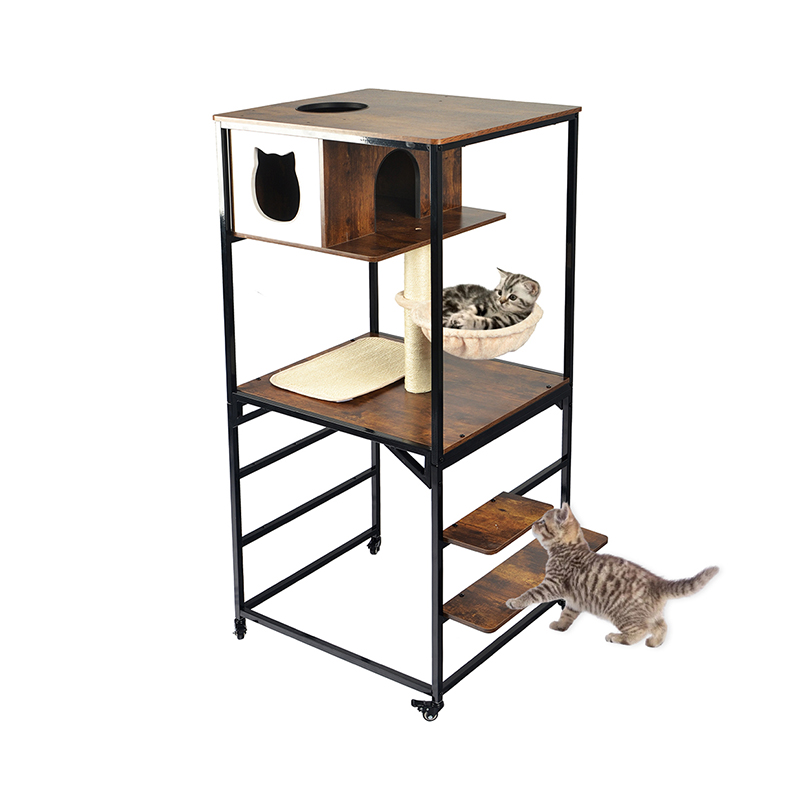 Modern Wood & Metal Cat Tree Indoor Tower Condoming com Hammock