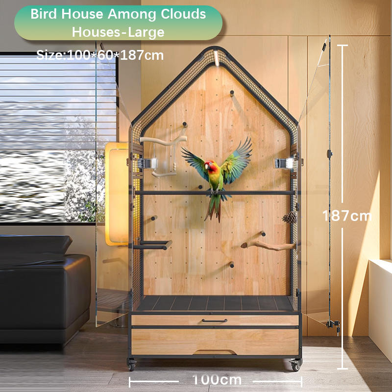 Gaiola de madeira e aço grande removível Diy Villa Parrot Pássaro Capinhas de criação de pássaros com rodas de suporte Gaiola de madeira e aço grande removível Diy Villa Parrot Pássaro Capinhas de criação de pássaros com rodas de suporte